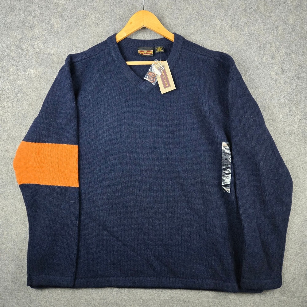 Oxford & Fulham V-Neck Sweater Mens XXL Navy Blue Orange Striped Lambswool 90s
